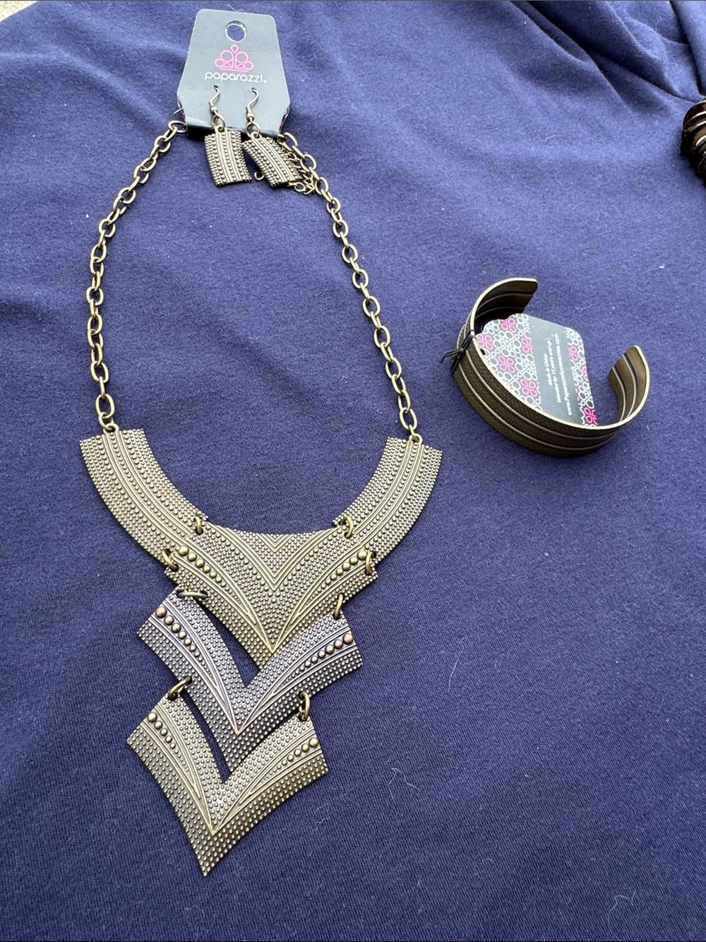paparazzi Antique Gold Layered Chevron Statement Necklace and Cuff Set